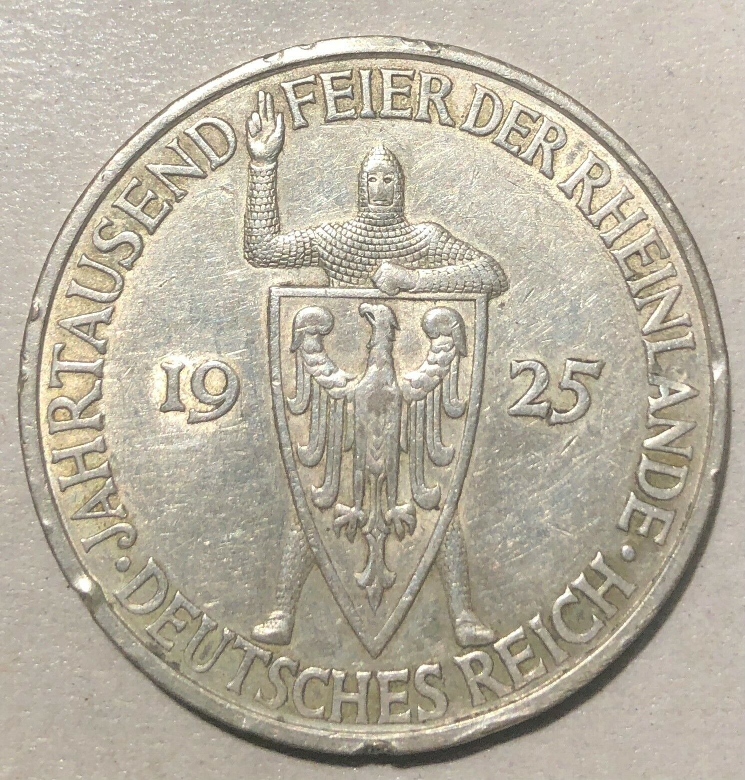 1925 German Silver 5 Mark Coin, Commemorating The 1000th Year Of The Rhineland