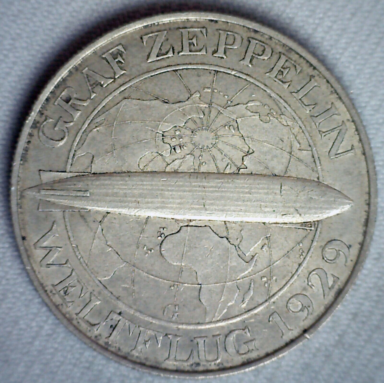 1930 G Germany Silver 5 Mark Coin Graf Zeppelin Flight Circulated You Grade Nice